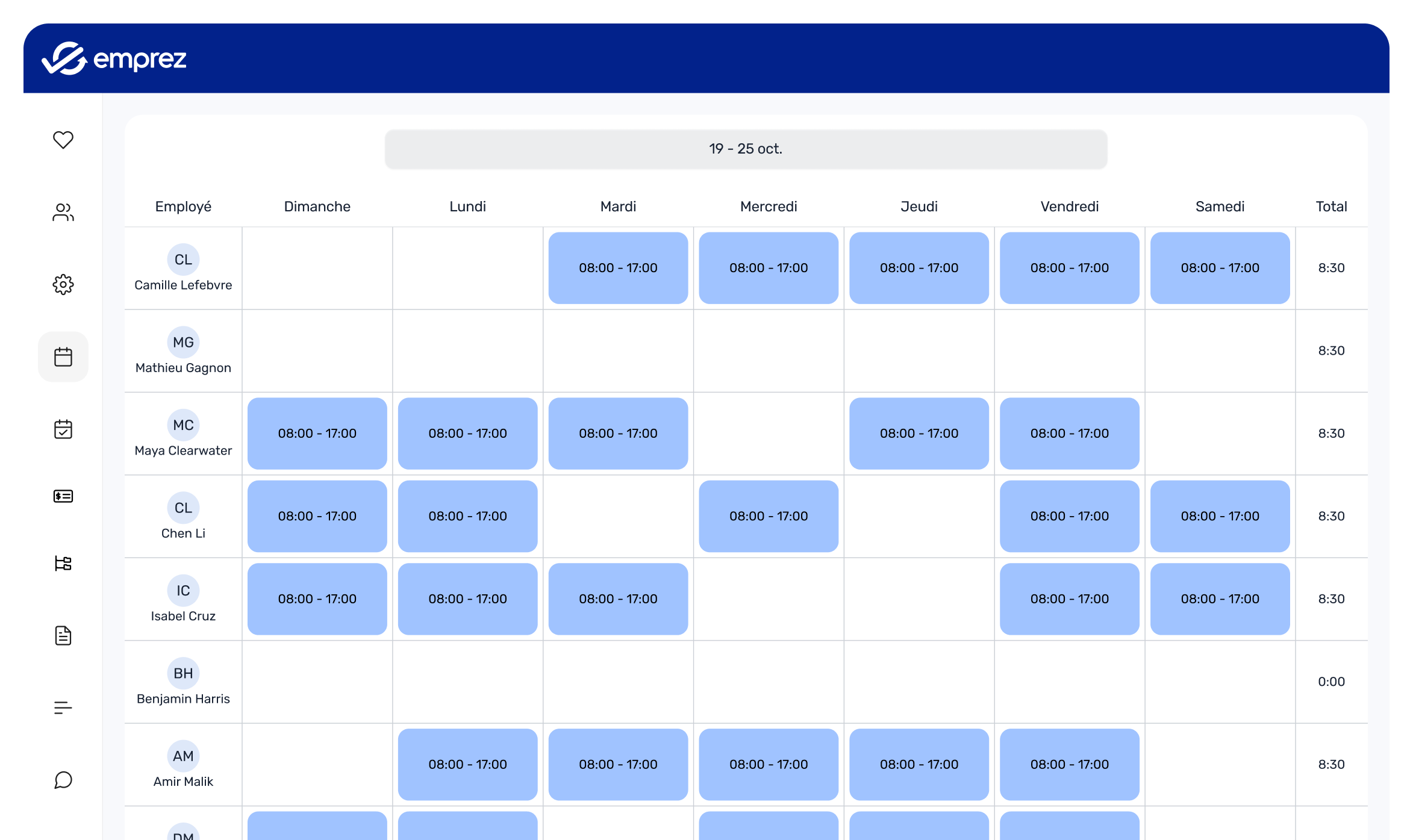 Interface du logiciel de planification des employés Emprez sur ordinateur.
